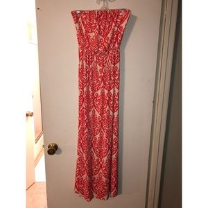 Strapless coral patterned maxi dress